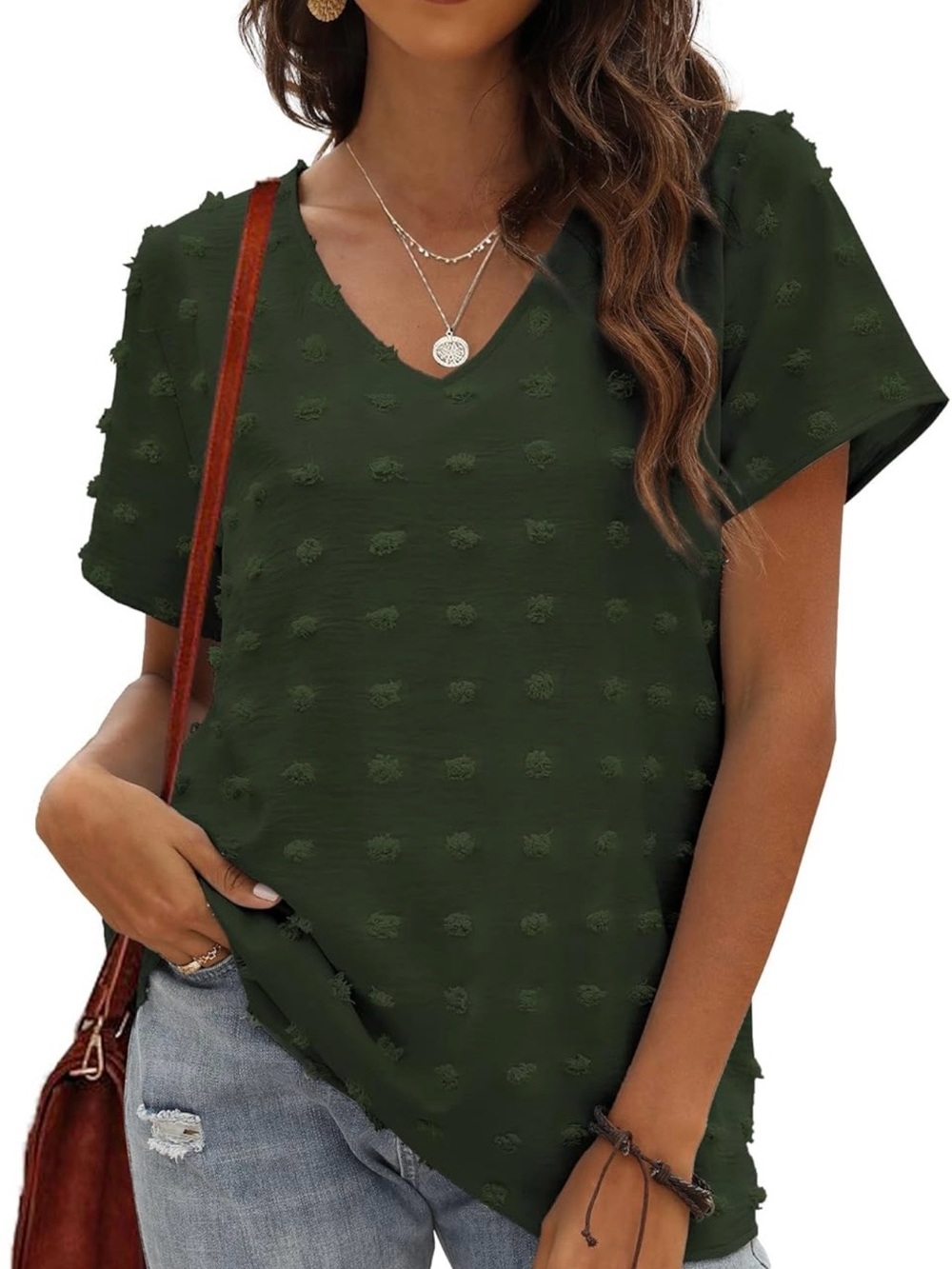 Women's Olive Green Textured V-Neck Top